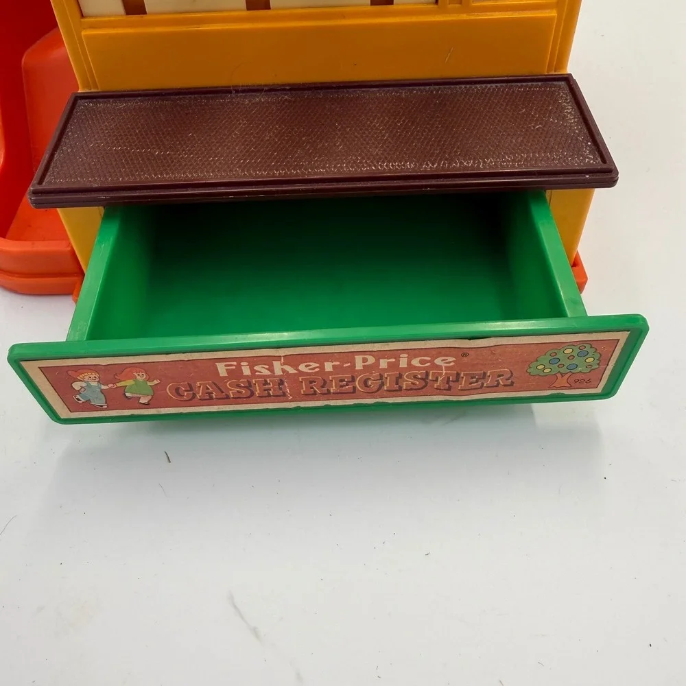Vintage 1974 Fisher-Price Cash Register 926 Toy Yellow Orange Working Drawer